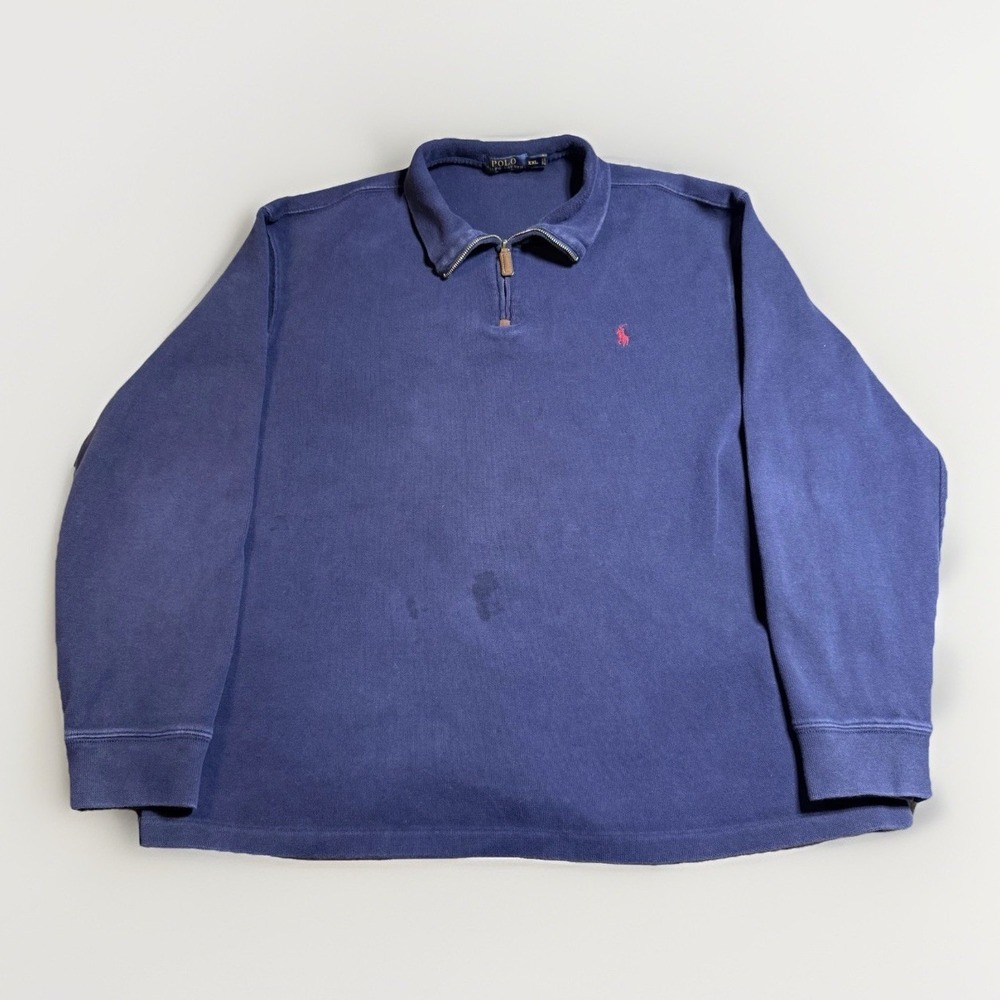 Polo Ralph Lauren XXL Sweater Men Navy Pullover Quarter‎ Zip FLAWED With Stains
